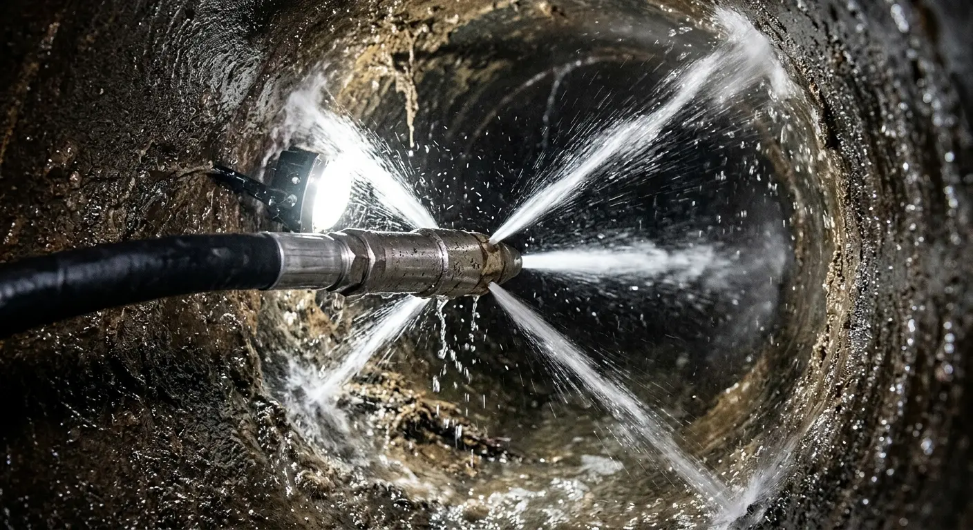 High-pressure hydro jetting nozzle cleaning sewer pipe for Storm Drain Cleaning in Broussard