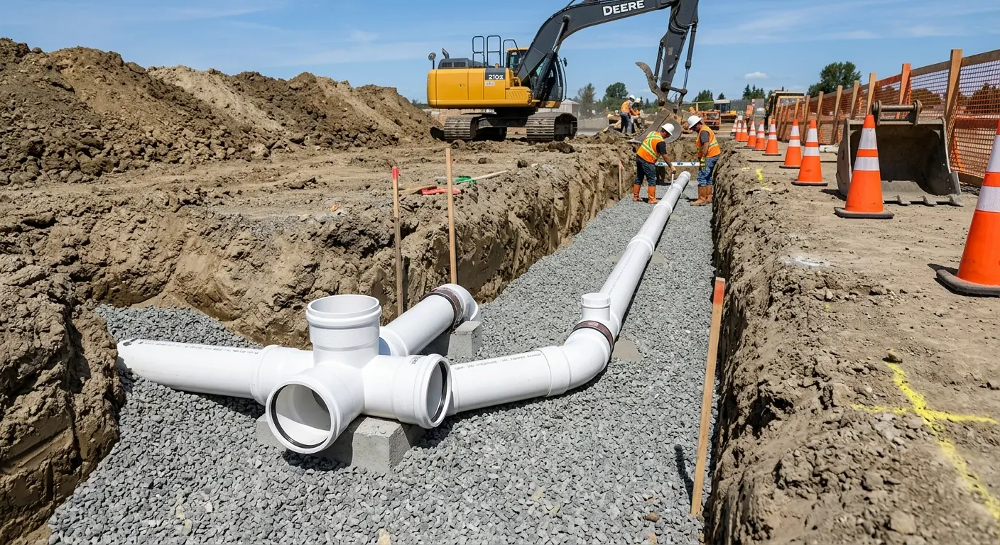 New PVC sewer pipe installation in open trench for Sewer Backup in Broussard