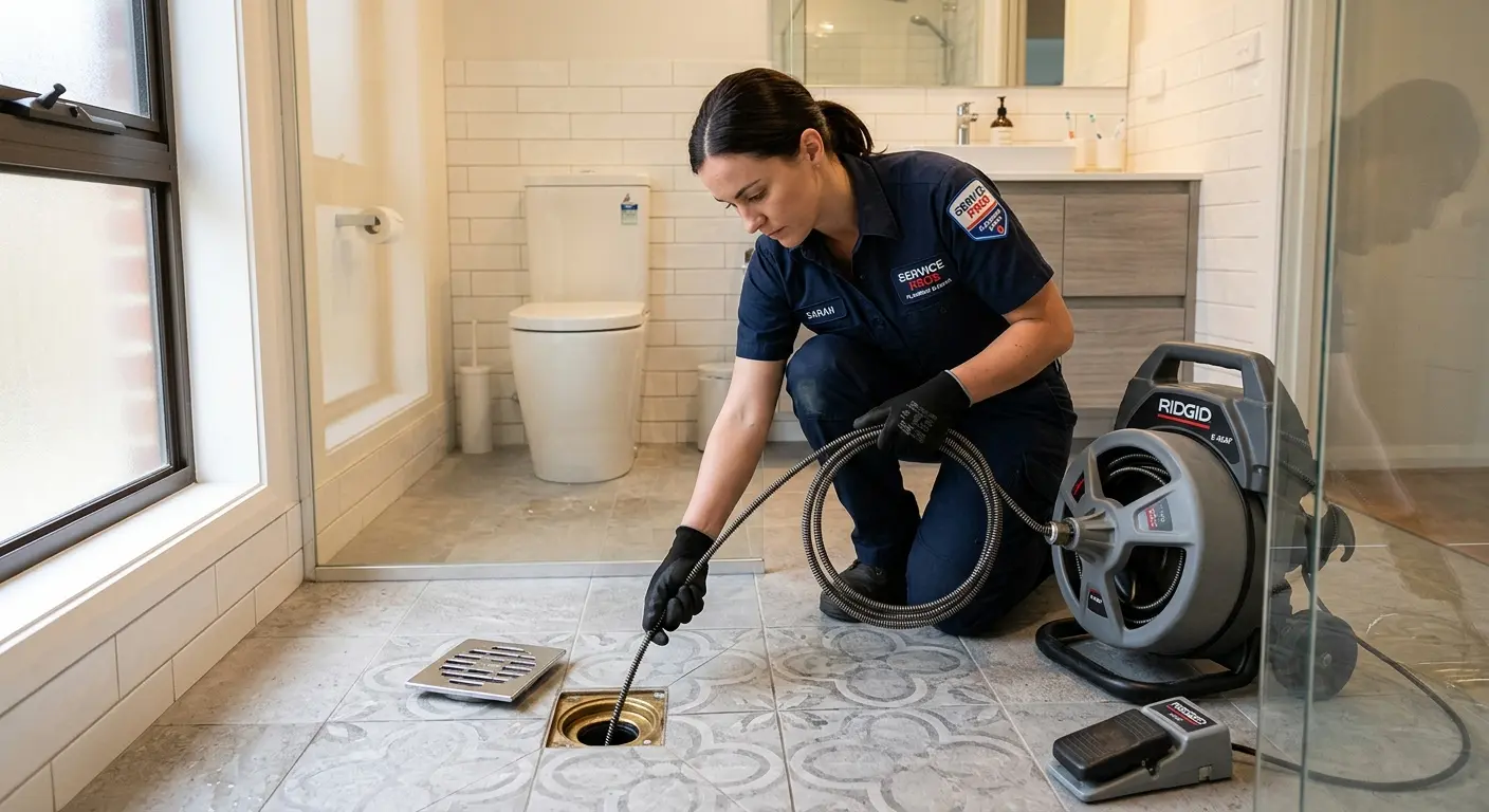 Technician clearing a bathroom floor drain for Drain Cleaning in Broussard
